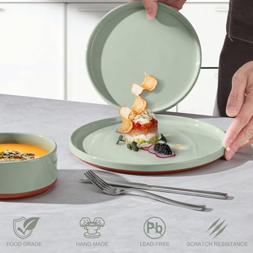 LIANYU Stoneware Dinnerware Sets Service for 8, 24 PCS Plates and Bowls Set | Handmade Ceramic Dish Set, Highly Chip and Crack Resistant Modern Plate Set, Laurel Green - color: Fog Green