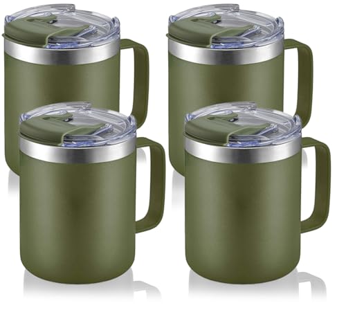 12oz Stainless Steel Insulated Coffee Mug with Handle, Double Wall Vacuum Tumbler Cup with Fliping Lid, Army Green, 4 Pack | Stainless Steel Coffee Tumbler with Lid, Double Wall Vacuum Thermal Cup for Camping - color: Fliping Lid: Army Green, size: 12 Oun