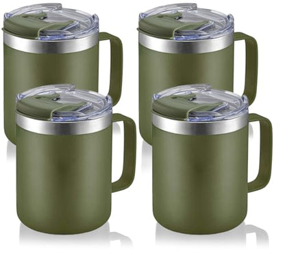 12oz Stainless Steel Insulated Coffee Mug with Handle, Double Wall Vacuum Tumbler Cup with Fliping Lid, Army Green, 4 Pack | Stainless Steel Coffee Tumbler with Lid, Double Wall Vacuum Thermal Cup for Camping - color: Fliping Lid: Army Green, size: 12 Oun