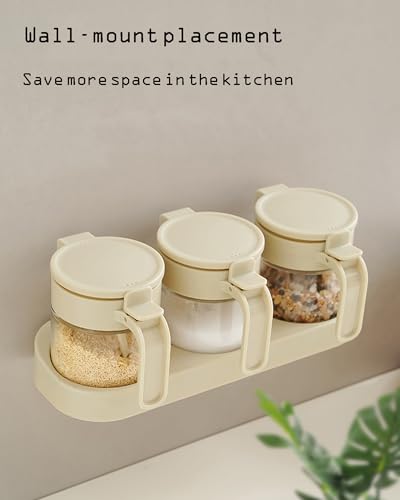 3 Pack Glass Condiment Jars with Lids and Spoons, Airtight Spice Container Set with Silicone Seal Ring, Honey Dippers, Tray, Labels and Wall Mount Adhesive for Kitchen and Coffee Bar, WHITE - color: WHITE