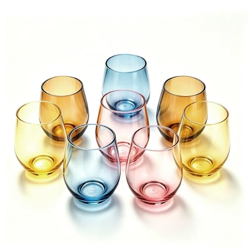 Lily's Home Set of 8 Shatter-Resistant Acrylic Stemless Wine Glasses - 14 oz for Poolside, Parties, Patio & Outdoor Indoor Use, BPA-Free Plastic Drinkware in Mixed Colors - color: 8 Pack - Multicolor