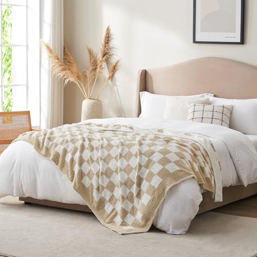 Snuggle Sac Checkered Bedding Blanket Twin Size 60x80, Super Soft, Cozy Warm Knit Blankets, Reversible Breathable Lightweight Fluffy Throws for Sofa, Bed, Checkered Beige, 60x80 Inches - color: Checkered Beige, size: Twin(60"x 80")