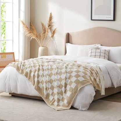 Snuggle Sac Checkered Bedding Blanket Twin Size 60x80, Super Soft, Cozy Warm Knit Blankets, Reversible Breathable Lightweight Fluffy Throws for Sofa, Bed, Checkered Beige, 60x80 Inches - color: Checkered Beige, size: Twin(60"x 80")