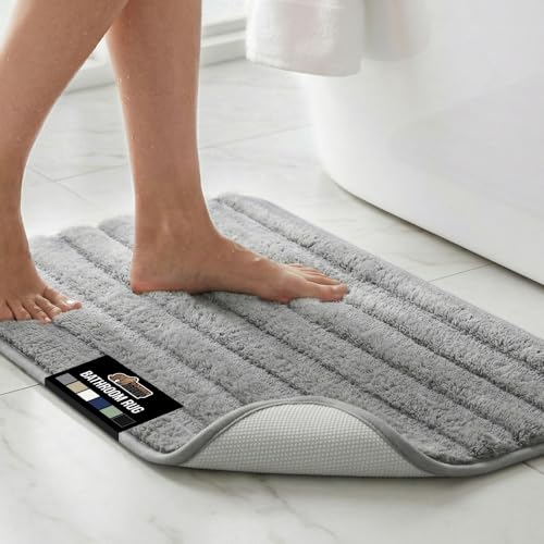 GORILLA GRIP Memory Foam Bathroom Rugs, Soft Absorbent Textured Rubber Backing Striped Bath Mat, Machine Washable Quick Dry Cushioned Floor Mats, Shower Rugs Home Decor Accessories, Grey 34x20 - color: Grey, size: 34" X 20"