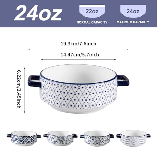 Soup Bowls with Handles - 24oz Ceramic French Onion Soup Crocks Serving Bowls for Pasta Cereal Beef Stew Pot Pies Casserole - Oven Microwave Dishwasher Safe - Set of 4, Blue | French Onion Soup Crocks Serving Bowls for Pasta Beef Stew Pot Pies Casserole -