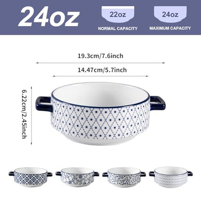 Soup Bowls with Handles - 24oz Ceramic French Onion Soup Crocks Serving Bowls for Pasta Cereal Beef Stew Pot Pies Casserole - Oven Microwave Dishwasher Safe - Set of 4, Blue | French Onion Soup Crocks Serving Bowls for Pasta Beef Stew Pot Pies Casserole -