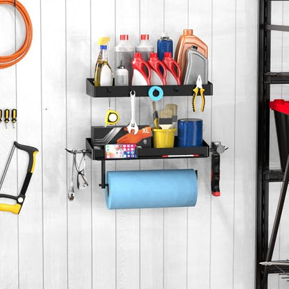 Taozun Garage Paper Towel Holder, 2 Pack Garage Organization, 12" Paper Towel Holder, Shop Shelf Wall Mount with 8 Hooks for Tool Room(Black) - style: TH003