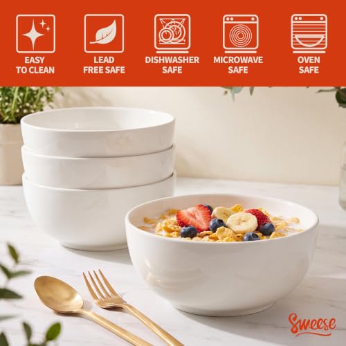 Sweese Ceramic Soup Bowl Set of 4, 29 oz Round Cereal Bowl Stackable Serving Bowl for Salad, Soup, Ramen, Fruit and Family Meals, White - color: White, size: 28 Ounce (Set of 4)