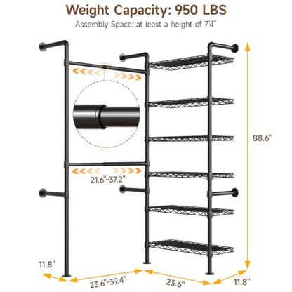 L2 Wall Mounted Closet System, Industrial Pipe Clothing Rack, Black | Metal Clothes Rack with 2 Telescopic Rods & 6 Shelves, Heavy Duty Closet Organizers for Wardrobe, Reach-in & Walk-in Closets - color: Black