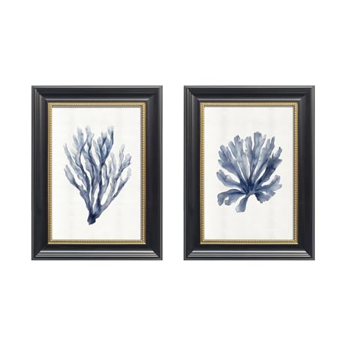 Gatheroad Black Framed Vintage Canvas Wall Art Prints, Coastal Coral Watercolor Wall Art, Nautical Navy Blue Set of 2 Beach Decor for Living Room Bedroom Bathroom, 12x16 Inch - color: Navy Blue, size: 12X16inch