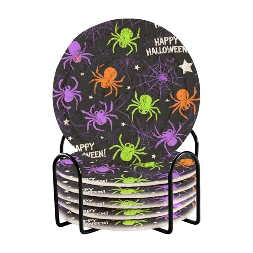 Caikeny 6 Pcs Drink Coasters with Metal Holder Halloween Neon Spider Glitter Stars Absorbent Coasters Decorative Woven Coaster Set for Coffee Table - color: Multi 10k1.37