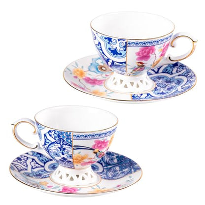 KAMMAK Tea Cups and Saucers Set of 2, Fine Bone China Coffee Cups, GH011 | Stackable Espresso Mugs, Ceramic Demitasse for Coffee, Cappuccino, Latte, Americano, Tea - size: 8KPGH011
