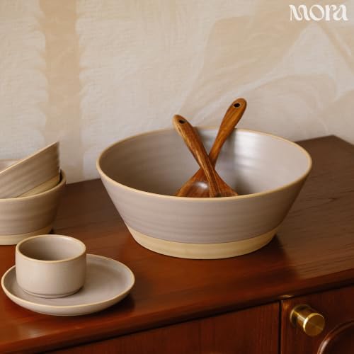 Mora Giant Salad Bowl Set with Wood Salad Servers, 4 qt Large Ceramic Serving Bowl for Salad, Pasta & Fruit, Microwave, Oven and Dishwasher Safe - Dusk - color: Dusk