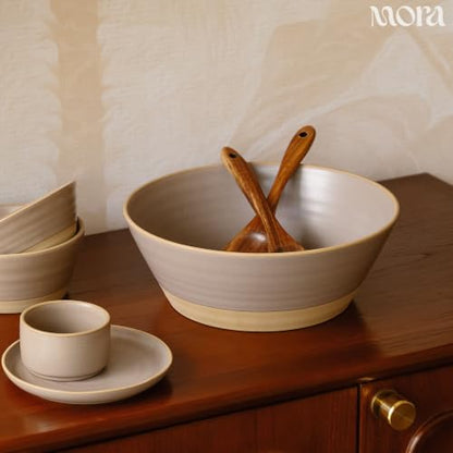 Mora Giant Salad Bowl Set with Wood Salad Servers, 4 qt Large Ceramic Serving Bowl for Salad, Pasta & Fruit, Microwave, Oven and Dishwasher Safe - Dusk - color: Dusk