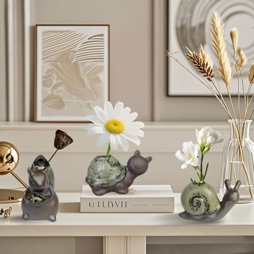 Cute Ceramic Garden Figurines Statue Set of 3 Turtle,Snail, Squirrel, Sculptures Ornaments for Home Office Desk Table Bookshelf Decor and Gifts