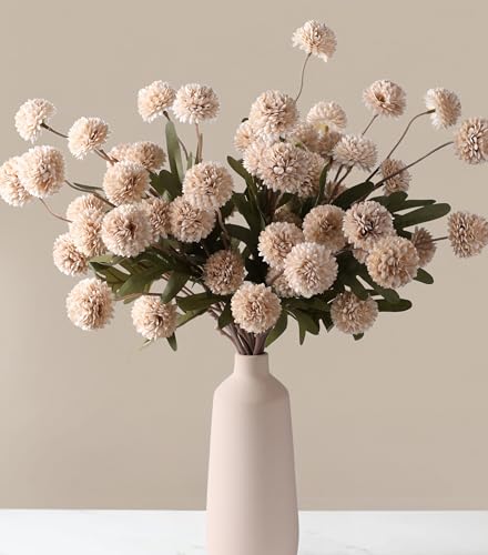 Fake Kiku Flowers, Faux Silk Pompon Mums Artificial Flowers, Chrysanthemum Stems Floral Arrangement Dried Flowers Vintage Decorative Indoor Home Decor Beige (Vase not Included) - color: 8pcs-beige