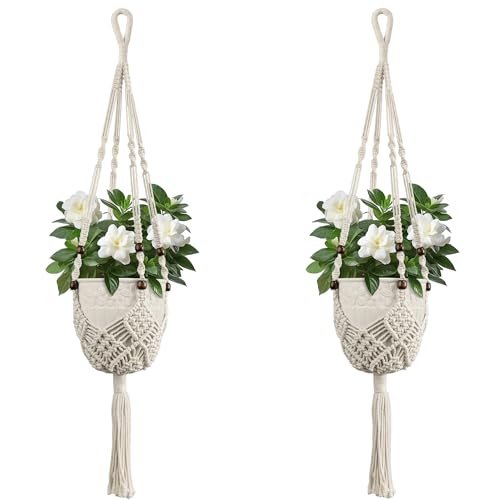 USLAI Macrame Plant Hanger Indoor Outdoor, Up to 3-6.5 inch Pot, Hanging Planter Holder with Beads and Tassels, Boho Home Decor, 35+35 Inch, Ivory (POTS NOT Included) - color: 35+35 Inch - Ivory