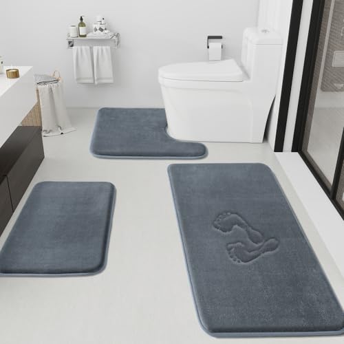 Bathroom Rugs Sets 3 Piece, Non-Slip & Quick Dry Bath Mat Set, Ultra Soft Velvet Bath Rugs for Bathroom, Toilet and Shower Floor, Grey - color: Grey, size: 17"x24"+20"x48"+U Shape 20"x24"