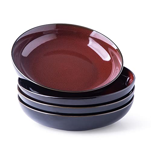 LERATIO 9.0" Ceramic Pasta Bowls Set of 4,38oz Large Stoneware Bowls Set | Reactive Glaze Serving Bowls Set,Wide Bowl for Pasta,Salad,Fruit & Noodles,Housewarming & Wedding Gift-Red - color: Red, size: Set of 4