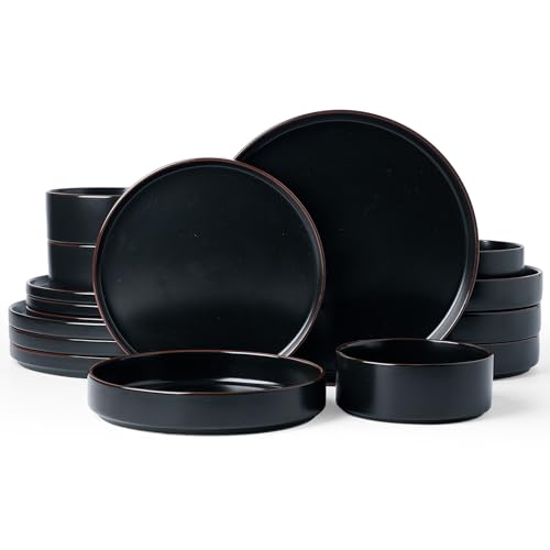 Famiware Nebula Ridge 16-Piece Dinnerware Set with Pasta Bowls, Matte Black | Stoneware Plates and Bowls for 4, Warm Hand-Painted Rims, Microwave and Dishwasher Safe - color: Matte Black, size: Service for 4 (Include Pasta Bowls)