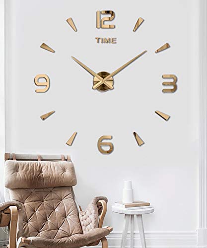 Large DIY Wall Clock Kit, 3D Modern Frameless Wall Clock with Mirror Number Stickers for Home Living Room Bedroom Office Decoration-Gold 022 - color: Gold