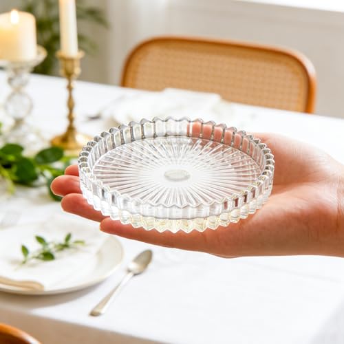 6 Pack Clear Glass Coasters Set for Candle and Drink, 4inch Decorative Pillar Candle Holder for Table Protection,Carved Design,Glass Round Cup Mat for Table Protection of Home (6Pack)