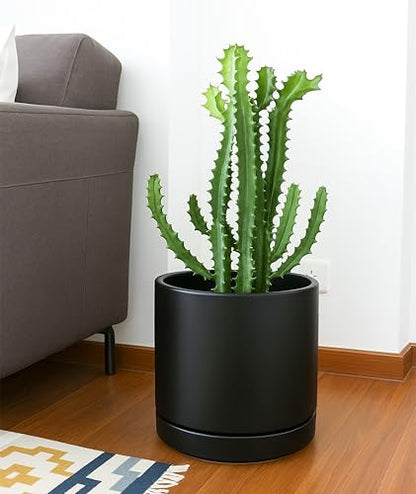 D'vine Dev 10 Inch Ceramic Planter Pot, Black, 94-O-E-2 | Modern Cylinder Design, Drainage Hole & Saucer Included, Stable Structure, Elegant Home Accent - color: Black, size: Large