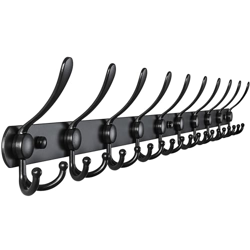 Coat Rack Wall Mount - 38” Long 10-Tri-Hooks Heavy Duty Coat Hanger Rail Wall Hooks for Hanging Coats Hats Clothing Clothes Purse Mudroom Entryway, Black - color: Black, size: L=38” (1 Pcs)
