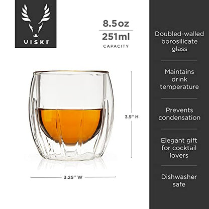 Viski Double-Walled Spirits Glasses, Insulated Liquor Tumblers with Cut Crystal Design, Dishwasher Safe 8.5 Oz, Clear, Set of 2 - style: Double-Walled Spirits Glasses