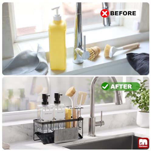 GMISUN Kitchen Soap Dispenser Set, 12 fl oz / 350 ml Dish Soap Dispensers with Sponge Holder, Customized Clear Glass Dish soap Dispenser for Kitchen, Modern Soap Dispensers Set Removable - color: Clear Bottle + Black Rack