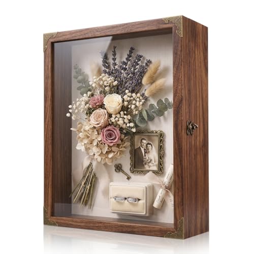 Shadow Box Frame 13x16, Large Memory Display Case with Retro Metal Corner Accents, Carbonized Wood Frame, Linen Back, and 10 Wooden Push Pins for Photos, Medals, Wedding Memory, and Keepsakes