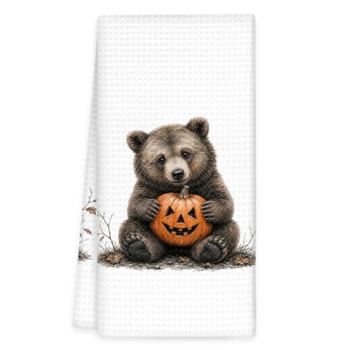 Fall Halloween Brown Bear Gifts Kitchen Towels, Bear Hand Towels | Pumpkin Fall Cabin Animal Dish Tea Towel for Kitchen Decorative, Halloween Autumn Bears Bathroom Kitchens Decor, 16x24In - color: Brown Bear