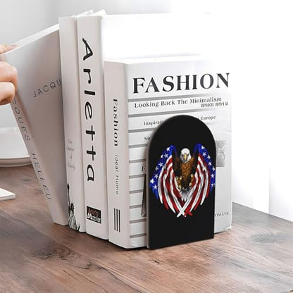 USA Flag Patriotic Eagle Print Bookends Shelves – Wooden Sturdy Book Holders, Storage for Home Office, Protective Desktop Accessories