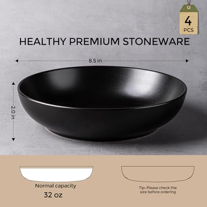 AmorArc 8.5 Inch Stoneware Pasta Bowls of 4, 32oz Large Bowls Set | Matte Black Wide Bowls for Kitchen Pasta,Salad,Oatmeal, Microwave&Dishwasher Safe - size: Set of 4