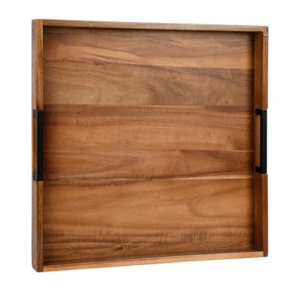 Large Ottoman Tray for Living Room and Coffee Table, Decorative Acacia Wood Serving Tray with Metal Handles for Breakfast in Bed, Dinner Food Kitchen TV (Natural, 17" x 17" x 2") - size: 17" x 17" x 2"