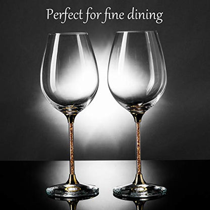 Matashi Crystal Wine Glasses Set of 2 (18.5 oz), Gold Crystal Filled Stem | Luxury Decorative Wine Glass Gift Set for Wedding, Anniversary, Elegant Red & White Wine Glasses