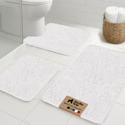 GORILLA GRIP Bathroom Rug Sets 3 Piece, Bath Mat Set and Oval Toilet Base with Rubber Backing, Plush Absorbent Shaggy Chenille Washable Mats, Includes 24x19.5, 24x17 and 30x20 Inch Rugs, White - color: White, style: 24"x19.5" + 24"x17" + 30"x20" - 3 Pack