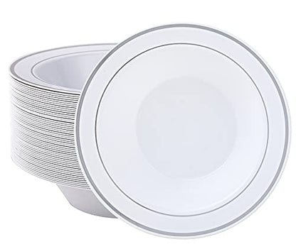 50PCS Plastic Bowls with Silver Rim 12oz Disposable Soup Bowls | Plastic Bowls for Christmas Thanksgiving Premium Dessert Salad Bowl for Wedding/Party - color: Silver, style: 50Count