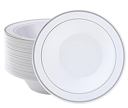 50PCS Plastic Bowls with Silver Rim 12oz Disposable Soup Bowls | Plastic Bowls for Christmas Thanksgiving Premium Dessert Salad Bowl for Wedding/Party - color: Silver, style: 50Count
