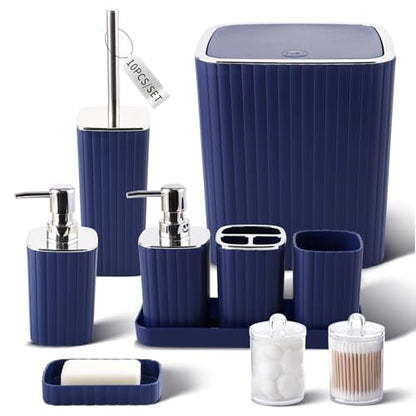 XLHOMO Navy Blue Bathroom Accessories Set - Gorgeous Bathroom Set, 10PC Bathroom Accessory Set, Toilet Brush, Trash Can, Qtip Holder & Soap Dispenser - size: Bath Set, style: Navy Blue&Silver