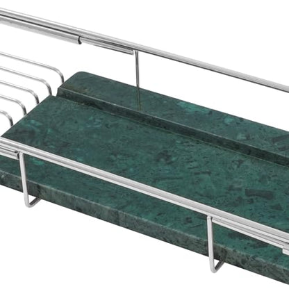Expandable Stainless Steel Bathtub Caddy Tray, Adjustable Over Tub Rack Marble Board Anti-Slip Groove Raised Guardrail Modern Bath Organizer for Home Hotel Bathroom Use (Silver + Green) - color: Silver + Green