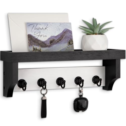Key and Mail Holder Wall Mount, Key Holder with Shelf and Mail Organizer Wall Mount. Mail Holder with 5 Hooks for Coat, Dog Leash, Home Decor Rack, Entry Way Organizer (White & Black) - color: White & Black