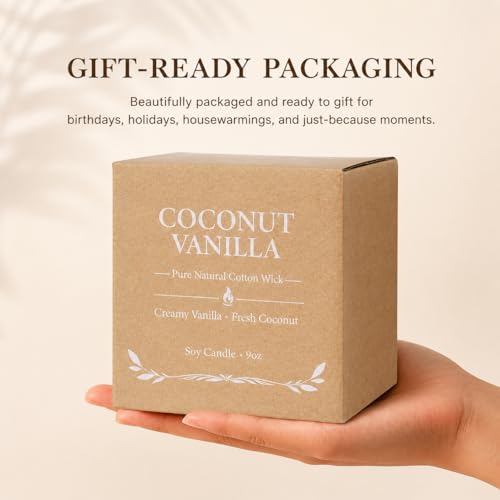 Coconut Vanilla Candle - 9oz Scented Candle, Natural Soy Candles for Home | Creamy Vanilla & Fresh Coconut Scent. 9 oz Soy-Coconut Wax Candle for Bedrooms, Baths, Reading & Spa. A Cozy Gift for Women - color: 1 Pack Coconut Vanilla Candle