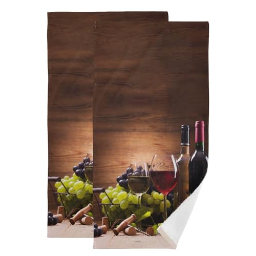 2 Pack Red Wine Hand Towels for Bathroom,Soft Absorbent Green Grapes Glasses of Wine Brown Wooden Planks Farmhouse Decorative Guest Bathroom Towels,Quick Dry Dish Kitchen Towels 14"x28" - color: Brown
