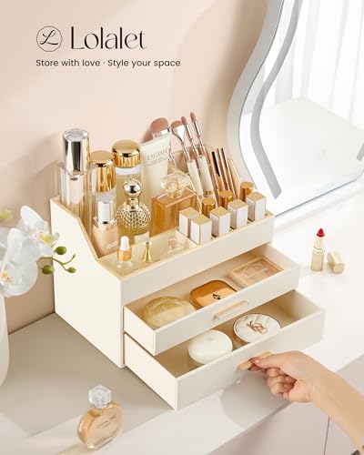Lolalet Makeup Organizer for Vanity Desk, 3-Layer PU Leather Luxury Make Up Storage Cosmetics Holder Box with Drawers -Beige - size: 3-Layer
