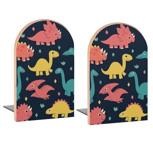 Seamless Colorful Dinosaurs Book Ends Decorative Wood Bookends for Shelves Kids Room Desk Home Office Book Stoppers for Magazines,Books, DVDs, 1 Pair/2 Pieces(5x3.1 in) - color: Colorful Dinosaurs