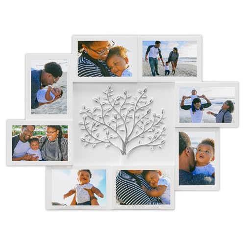 J.M.Deco 8 Opening Collage Picture Frames for Wall Decor, 4x6 Photo Frame with Tree Decor, Family Tree Collage Picture Frame for Wall, White & Silver - color: Tree/ White & Silver