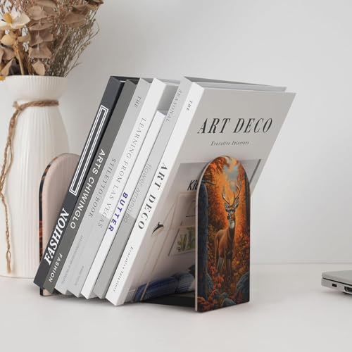 Autumn Forest Deer Wild Animal Bookends for Shelves 2 Pcs Wooden Book Stopper Organizer for Home Office Libraries