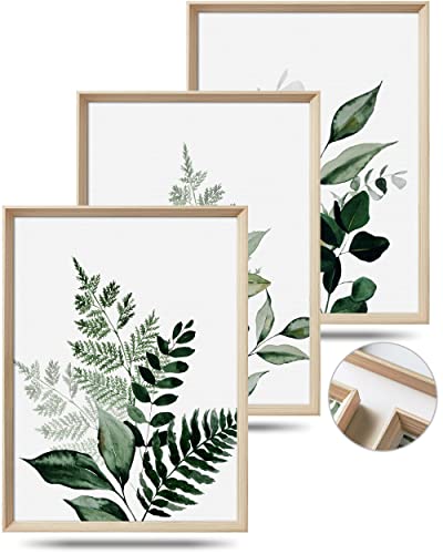 UPWOIGH Olive Leaf Framed Botanical Wall Art, 12 x 16 Inch, Set of 3 | Watercolor Fern, Olive and Eucalyptus Leaf Prints, Soft Green Tones, Light Wood Frames for Bedroom, Office and Gallery Wall - color: Olive Leaf Green MDF