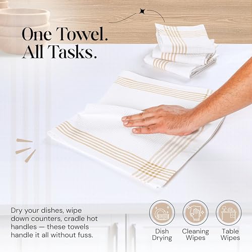 Beige and White Waffle Kitchen Towels 12 Pack, 100% Cotton, 16x26 Inch, Ultra Absorbent, Fast Dry Dish Towels, Reusable Dishcloths for Drying, Cleaning, Kitchen Use - color: Beige, White, style: 12 Pack
